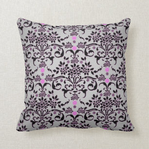 Fancy Black Silver Purple Floral Damask Pattern Throw Pillow
