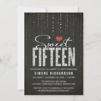 Fancy Black Silver Red Sweet 15 Birthday Party Invitation