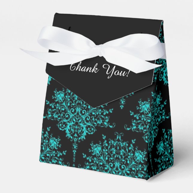 Fancy Black Teal Damask Thank You Favor Box (Front Side)