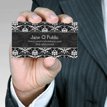 Fancy Black White Damask Business Card by JerryLambert at Zazzle