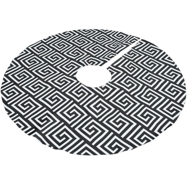 Fancy black & white Greek key Christmas tree skirt (Angled)