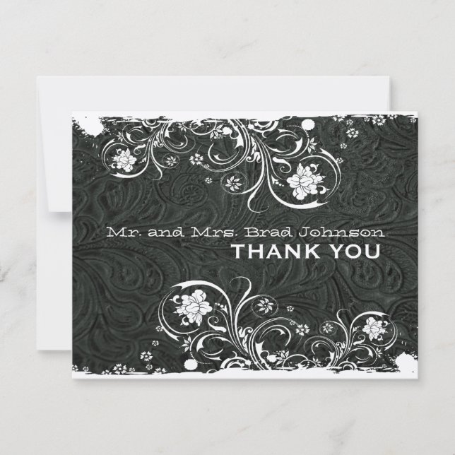 Fancy Black White Rustic Leather Thank You Card (Front)