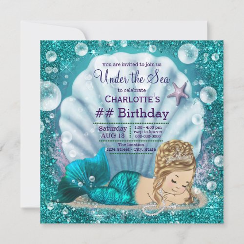 Fancy Blonde Mermaid Birthday Party Invitation