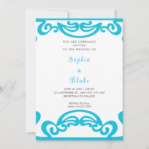 Fancy Blue and White Scroll Art Deco Wedding Invitation