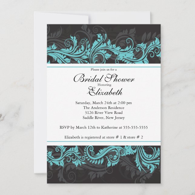 Fancy Blue Black Damask Bridal Shower Invitation (Front)