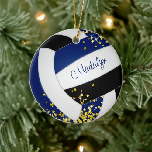 fancy blue black volleyball w gold stars ceramic ornament