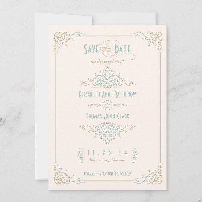 Fancy Blue & Bronze Art Deco Save the Date (Front)