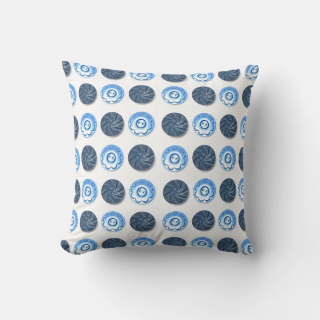 Fancy Blue Buttons Pattern on White Throw Pillow (Front)