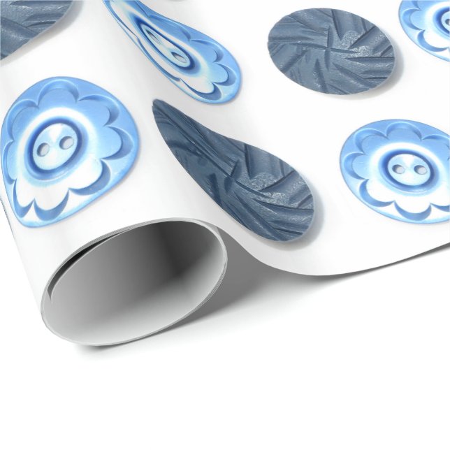 Fancy Blue Buttons Pattern on White Wrapping Paper (Roll Corner)