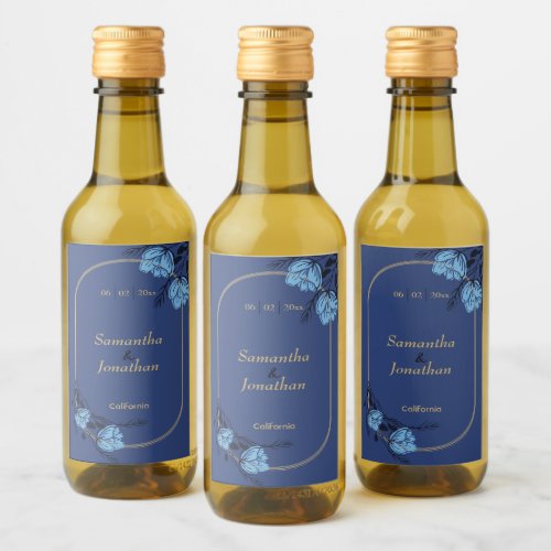 Fancy Blue Flower Wedding Mini Bottle Wine Label