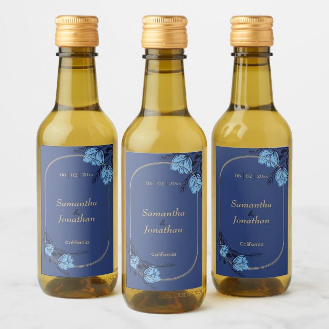 Fancy Blue Flower Wedding Mini Bottle Wine Label (Bottles)