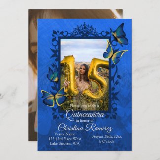 Fancy Blue, Gold Butterfly Quinceanera Invitation