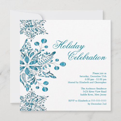 Fancy Blue Jewel Snowflakes Holiday Party Invitation