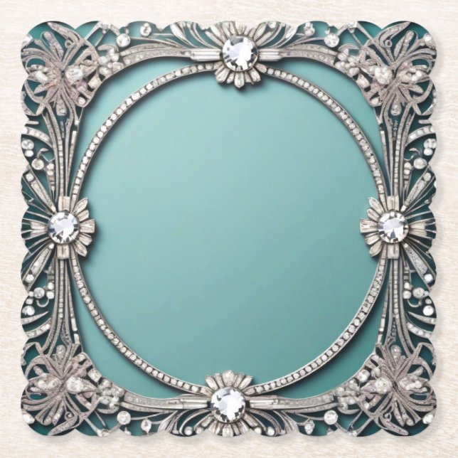 Fancy Blue Jeweled Look Paper Coaster (Front)