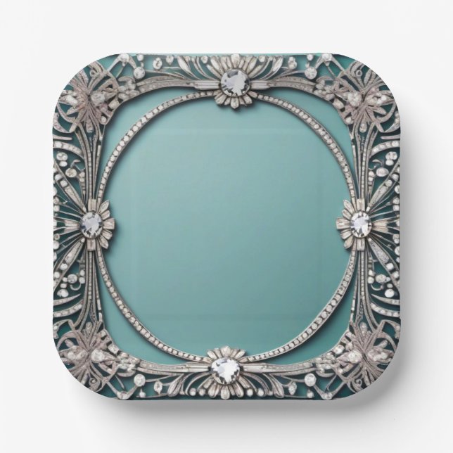 Fancy Blue Jeweled Paper Plate (Front)