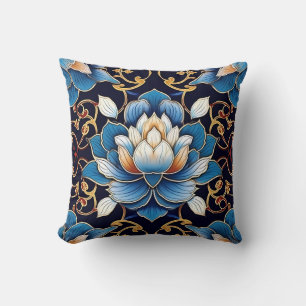 Fancy Blue Lotus Tile Pattern  Throw Pillow