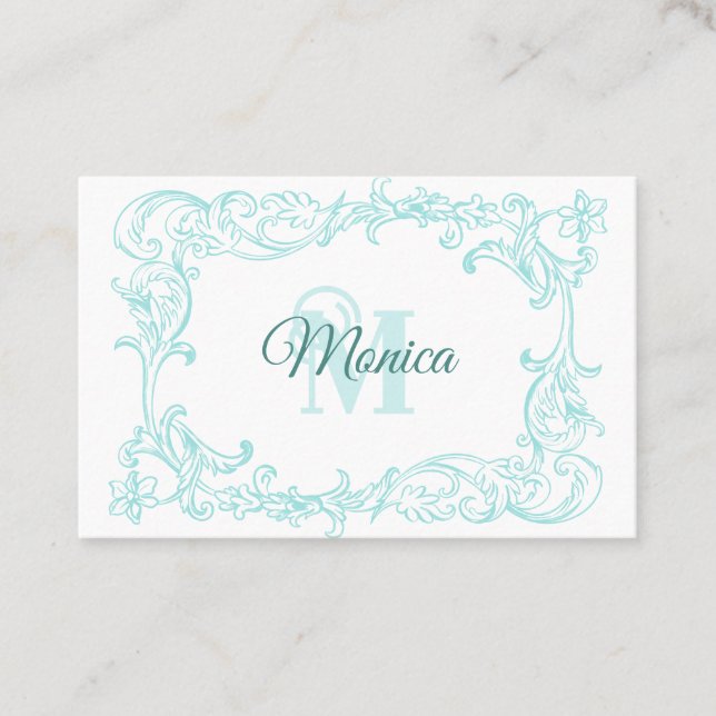 Fancy Blue on White Baroque Frame Business Card (Front)