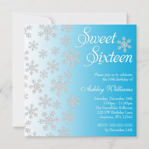 Fancy Blue Snowflakes Winter Wonderland Sweet 16 Personalized Announcements