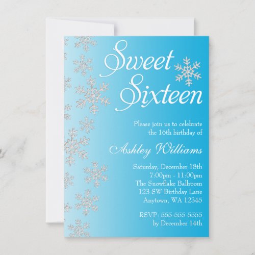 Fancy Blue Snowflakes Winter Wonderland Sweet 16 Invitation