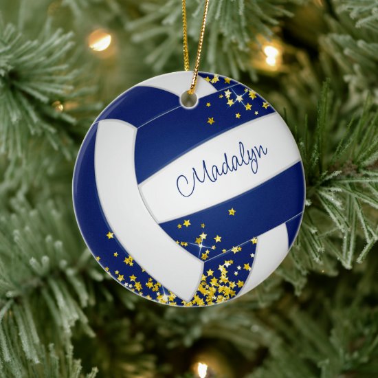 fancy blue white volleyball w gold stars ornament