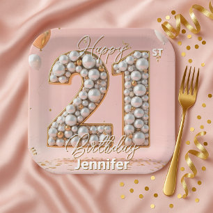 Fancy Blush Pink and Pearl Gold 21st Birthday Paper Plates