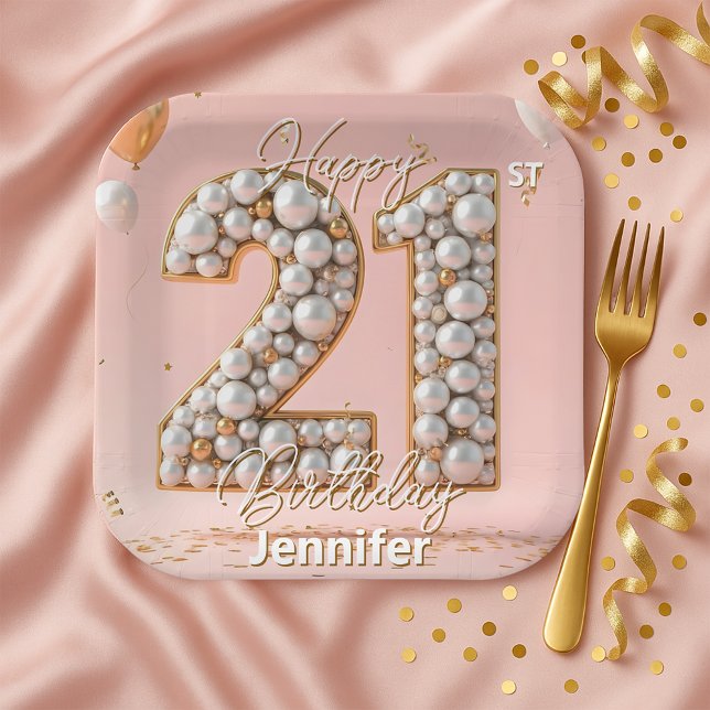 Fancy Blush Pink and Pearl Gold 21st Birthday  Paper Plates (Creator Uploaded)