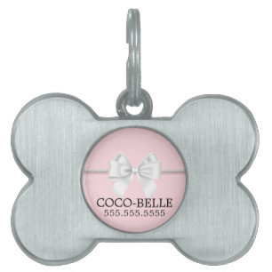 Fancy Blush Pink Tiffany Theme Pearls Bow Dog Cat Pet ID Tag