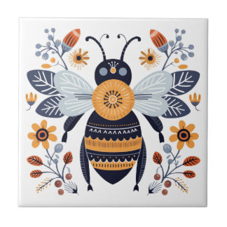 Fancy Boho Honey Bee Scandinavian Folk Art Ceramic Tile