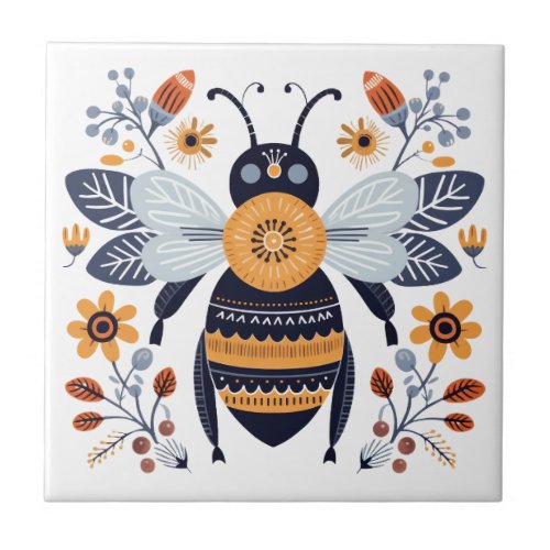 Fancy Boho Honey Bee Scandinavian Folk Art Ceramic Tile
