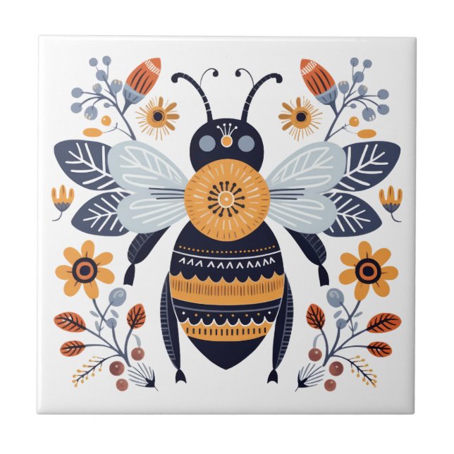 Fancy Boho Honey Bee Scandinavian Folk Art Ceramic Tile (Front)