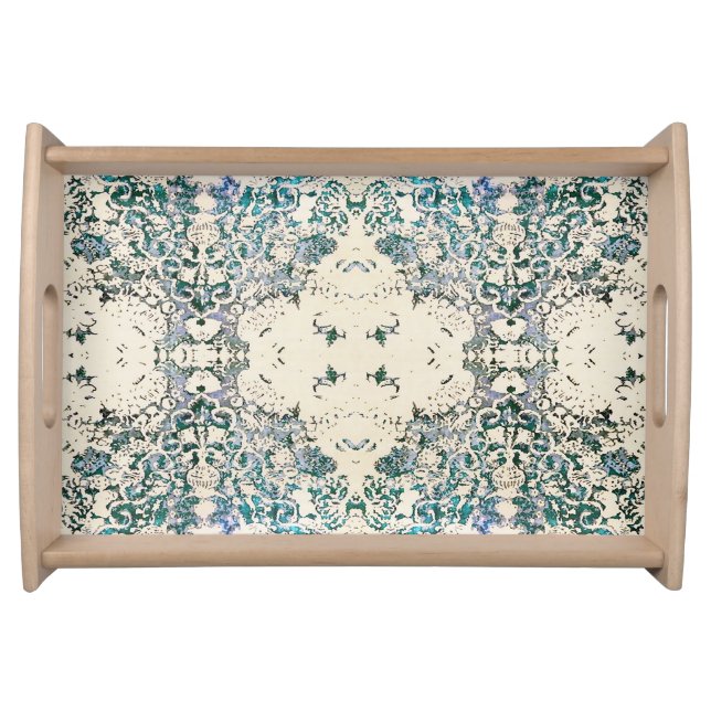 Fancy Boho Ornate Blue Block Bohemian Wood Tray (Front)