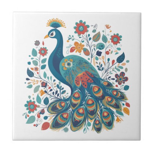 Fancy Boho Peacock Scandinavian Folk Art Ceramic Tile