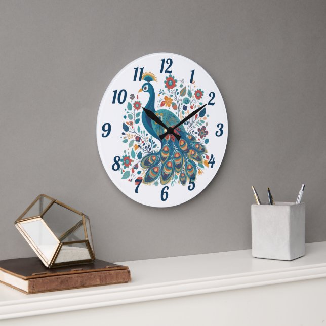 Fancy Boho Peacock Scandinavian Folk Art Large Clock (Office)