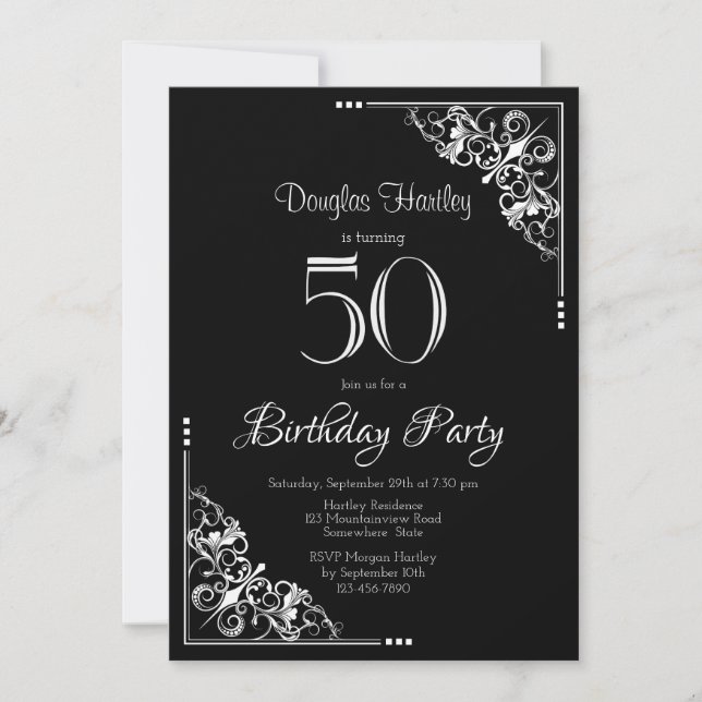 Fancy Border Black White 50th Birthday Invitation (Front)