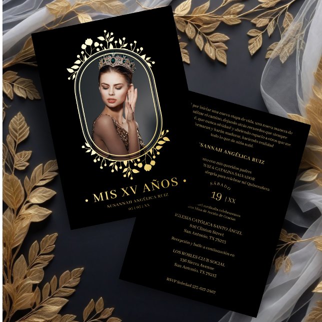 Fancy Botanical Oval Frame Spanish Quinceañera Foil Invitation (Fancy Botanical Oval Frame Spanish Quinceañera Golden Effect Real Metallic Foil Invitation Card.)