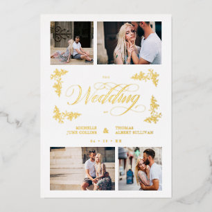 Fancy Branches Trendy Collage Wedding 4 Photos Foil Invitation