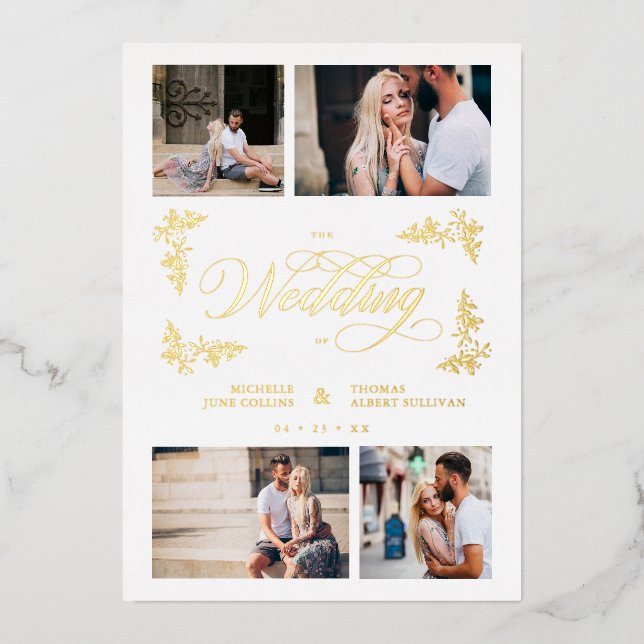 Fancy Branches Trendy Collage Wedding 4 Photos  Foil Invitation (Front)