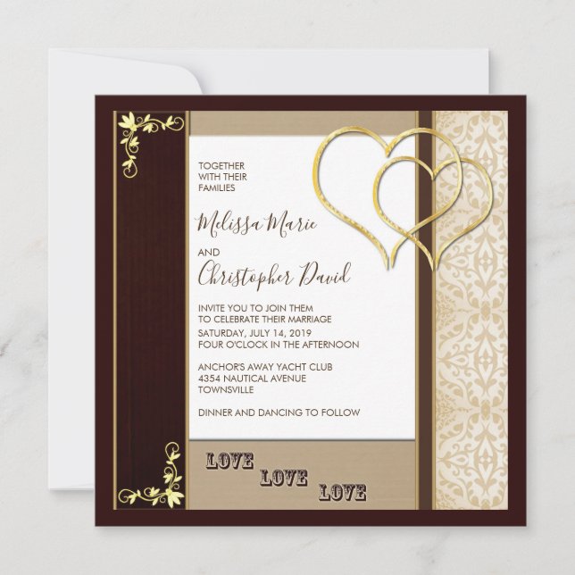 Fancy Brown and Gold Wedding with Hearts Invitation (Front)
