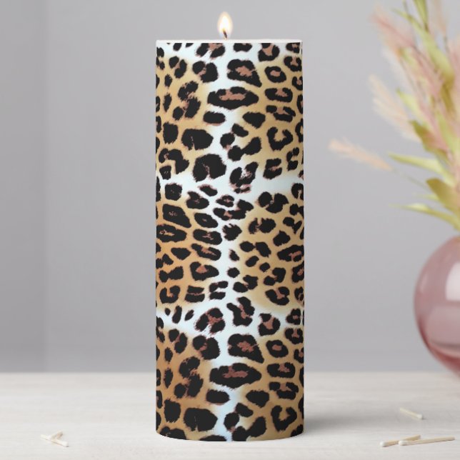 Fancy Brown Black White Leopard Print Pillar Candle (In Situ)