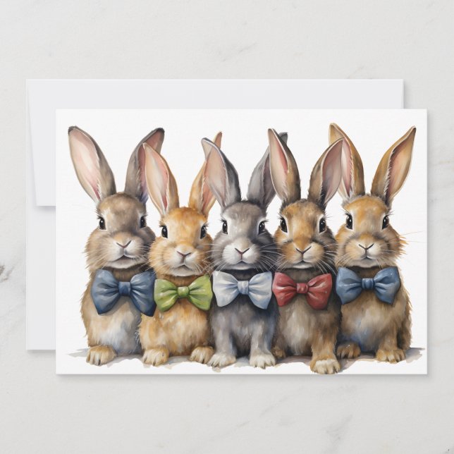 Fancy Bunny Bow Tie Watercolor Holiday Card (Front)