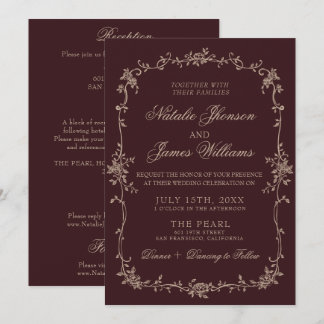 Fancy Burgundy Floral Old Money All In One Wedding Invitation