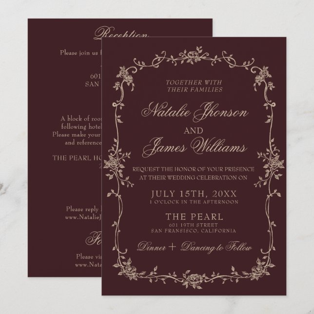Fancy Burgundy Floral Old Money All In One Wedding Invitation (Front/Back)