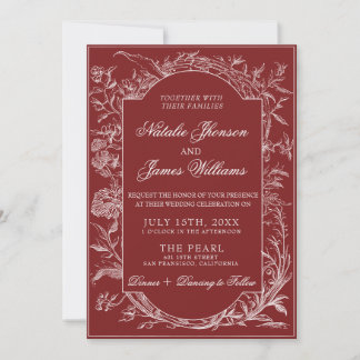 Fancy Burgundy Floral QR Code Photo Wedding Invitation