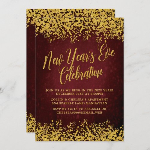 Fancy Burgundy  Gold New Years Eve Party Invitation