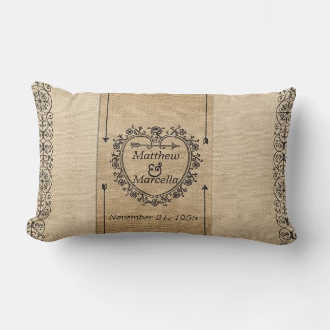 Fancy Burlap Anniversary Date Heart Personalized Lumbar Pillow (Front)