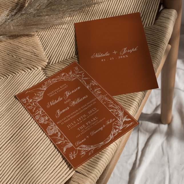 Fancy Burnt Orange Floral Boho Terracotta Wedding Invitation (Creator Uploaded)