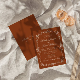 Fancy Burnt Orange Floral Boho Terracotta Wedding Invitation