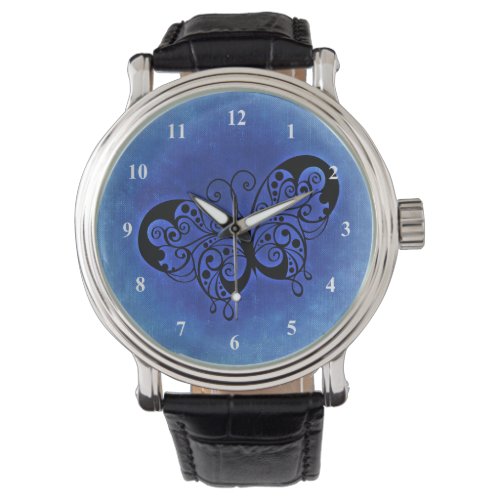 Fancy Butterfly on a Blue Denim Background Watch