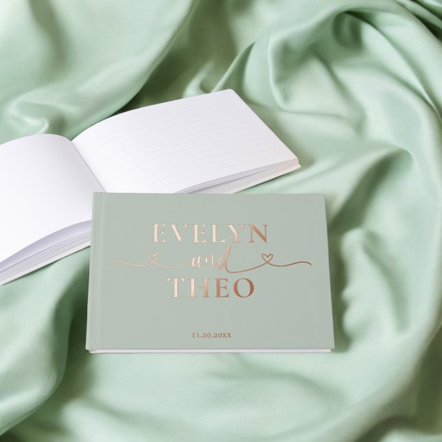 Fancy Calligraphy Heart Blush Sage Green Foil Guest Book (Creator Uploaded)