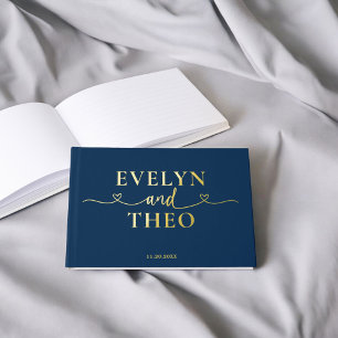 Fancy Calligraphy Heart Navy Blue Foil Guest Book